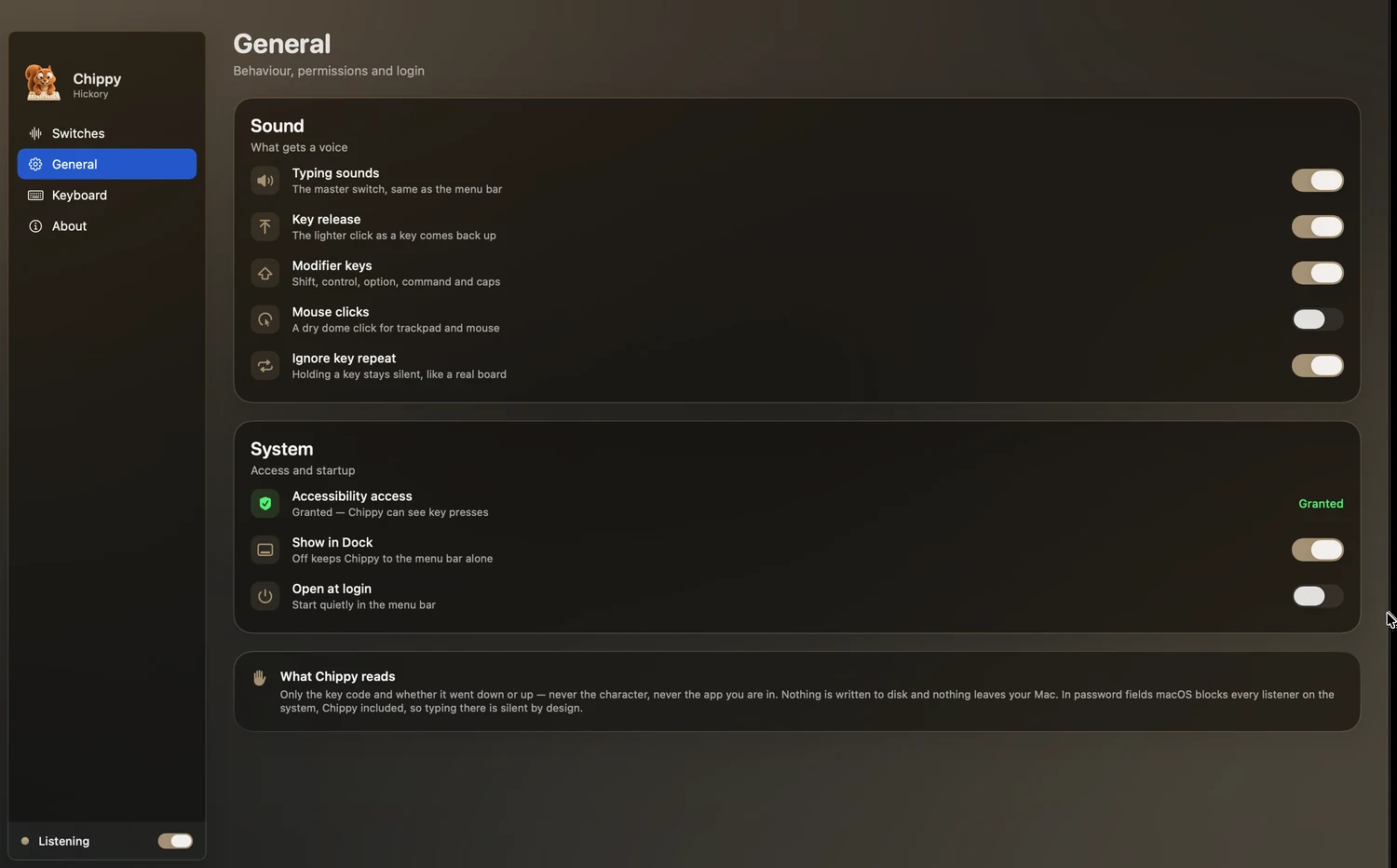 The General tab: switches for typing sounds, key release, modifiers and mouse clicks, with the accessibility and startup section below.