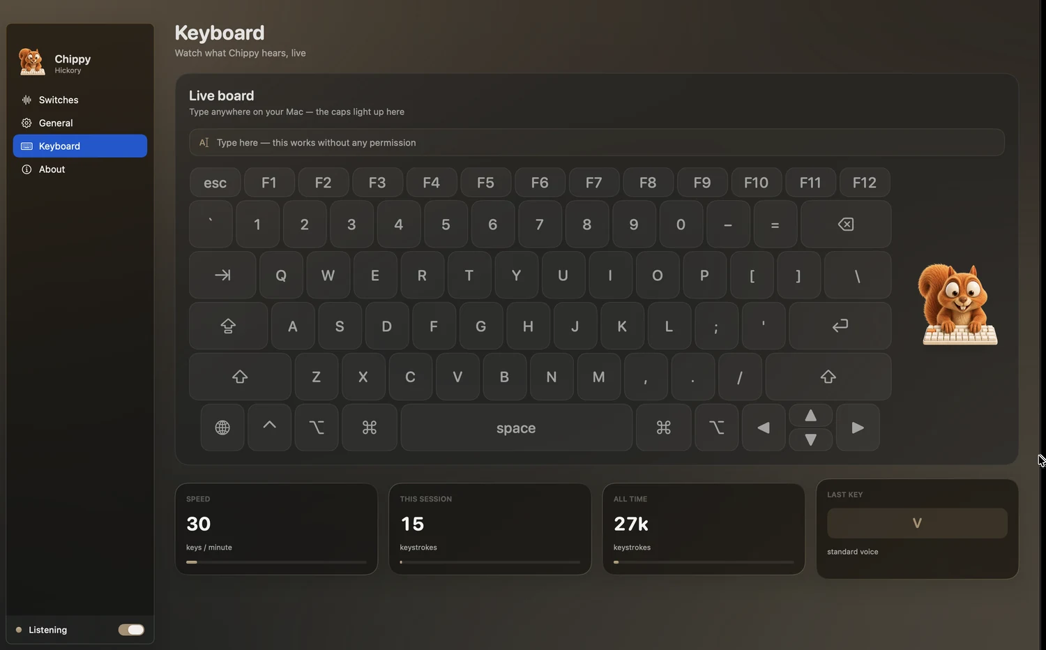 The Keyboard tab: a live on-screen keyboard lighting up as keys are pressed, with typing speed and stroke counts.